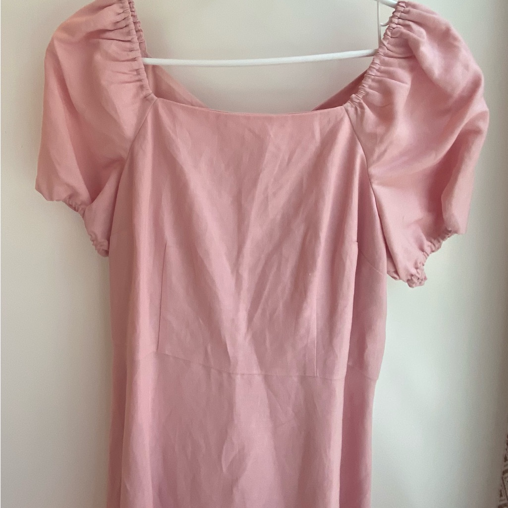 Ann Taylor Loft Pink Linen Puff Sleeve Short Dress With Open Tie Back Size 8